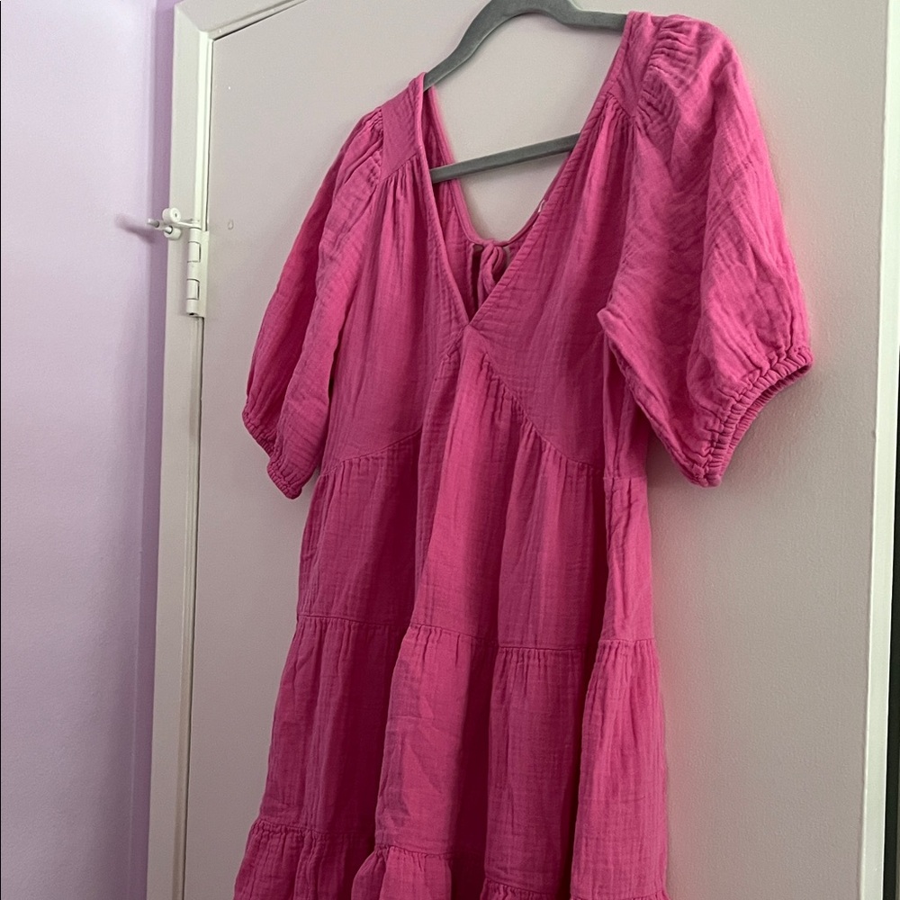 aerie Hot Pink Scoop Neck Dress with Tiered Detail